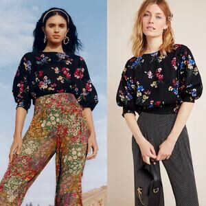 NEW Maeve Anthropologie Boatneck Puff Long Sleeve Floral Print Blouse Black Med